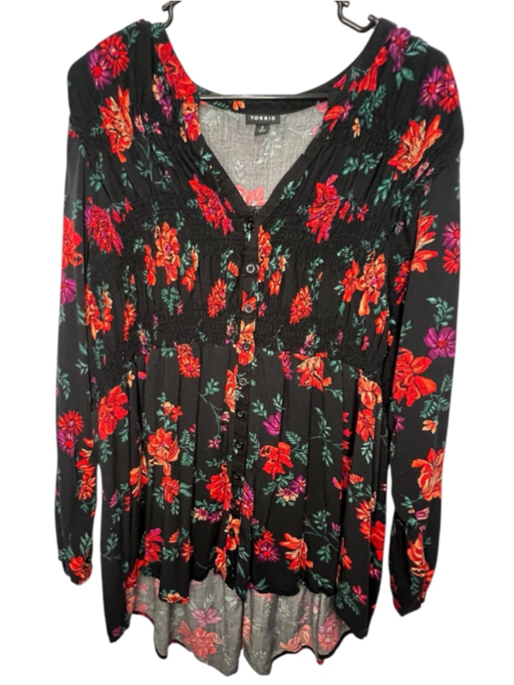 Torrid Black And Red Floral Pattern Button Up Long Sleeve Baby Doll Tunic